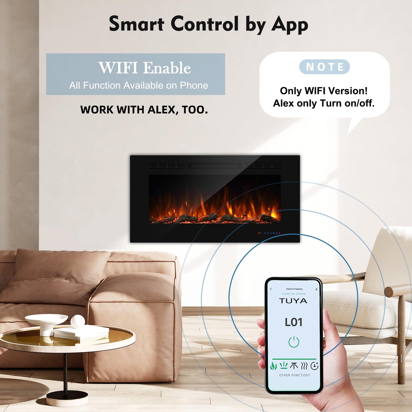 42" WiFi Smart Recessed Electric Fireplace Insert, 5 Flame Settings, Log Set or Crystal Options, Temperature Control by Touch Panel & Remote & App, 750/ 1500W Heater, Compatible with Alexa