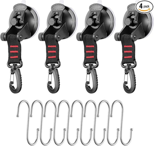 OCR 4 Pack Vacuum Suction Cup, Heavy Duty Sucker Cup Anchor with 8 Securing S Hook, Car Tensioner for Camping Car Mount Tents Luggage Tarps Car Side Awning (with Red Webbing Hook)