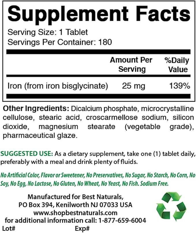 Best Naturals Iron Supplement (Iron Bisglycinate) - 25mg - 180 Tablets - Gentle of Stomach - Non-Constipating