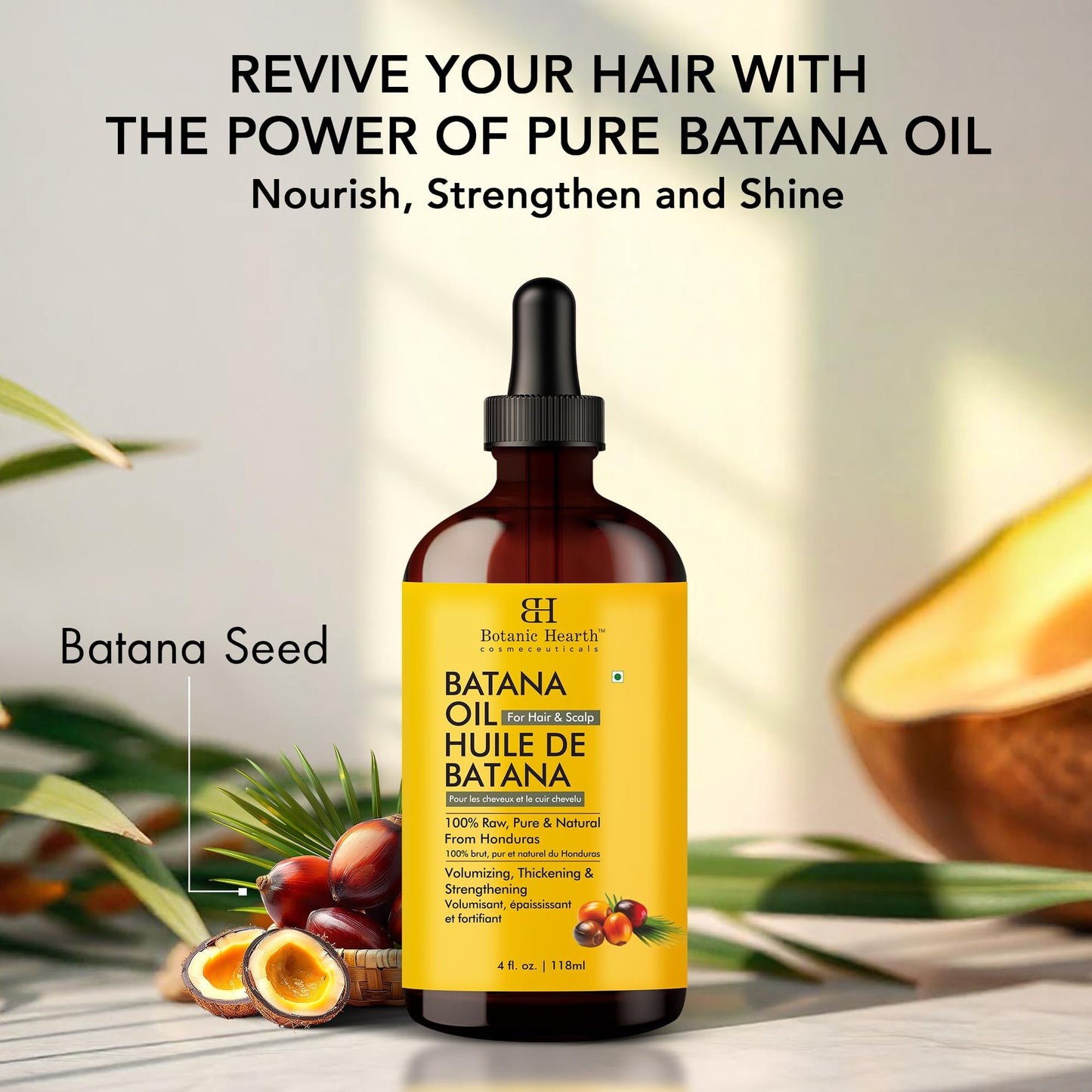Botanic Hearth Raw Batana Oil for Hair Growth (4 fl oz) | 100% Pure & Unrefined Oil from Honduras | Promotes Thicker, Stronger Hair