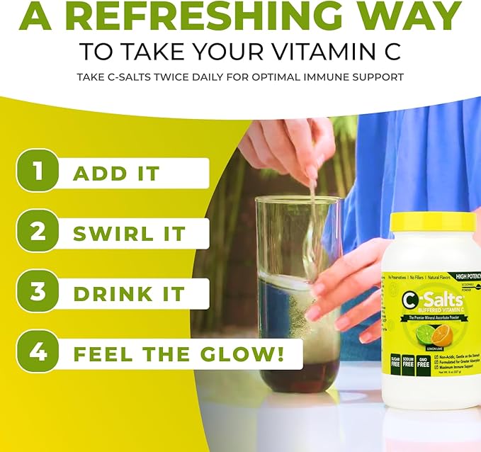 C-Salts Original Vitamin C Powder Supplement - 100% Pure High Dose Buffered Vitamin C Powder for Immune Support - Sugar-Free Powdered Drink Ascorbate, Organic, Stomach-Friendly, Lemon Lime 8oz