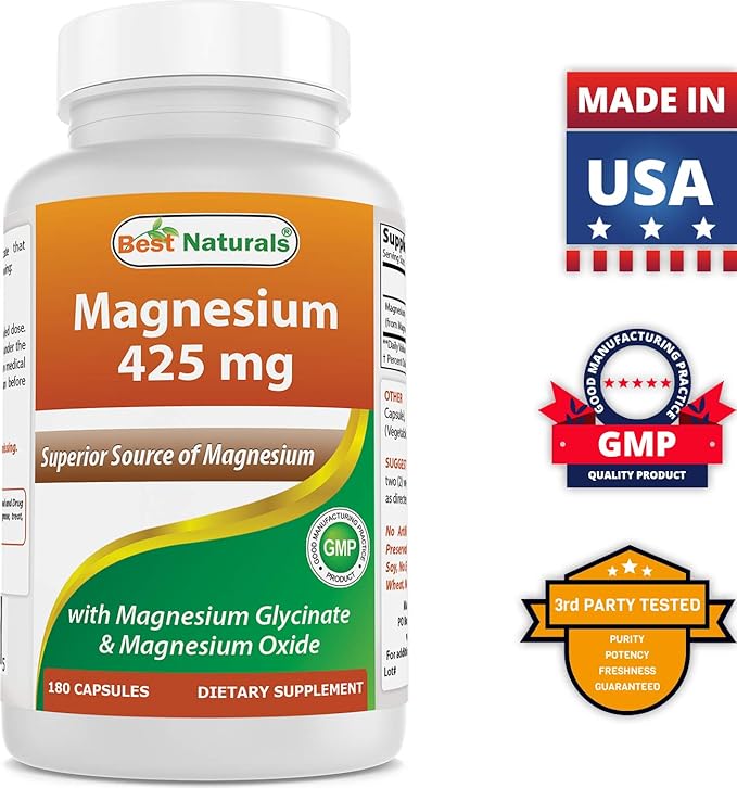 Best Naturals Magnesium 425 mg 180 Veggie Capsules - High Absorption Magnesium Glycinate & Magnesium Oxide Chelated, Non-GMO, Gluten Free Muscle Relax (180 Count (Pack of 3))