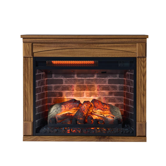 SOFTSEA 28" Electric Fireplace Heater Mantel with Removable Caster Wheel, TV Media Entertainment Center with Electric Fireplace and Remote Control, 4 Adjustable Brightness, 1500W Heater, Dark Oak