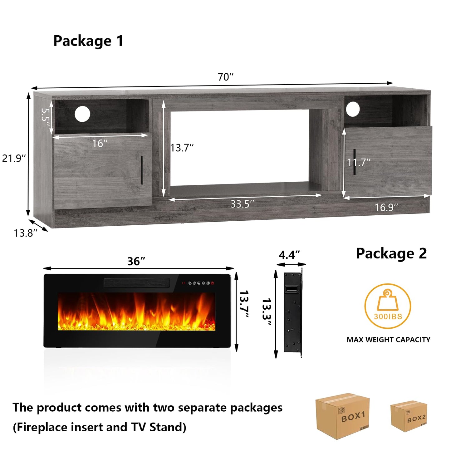 Tavata Fireplace TV Stand Entertainment Center with 36" Fireplace, 70" Wooden TV Stand for TVs Up to 80",Media TV Console with High Gloss Storage Cabinet and 16 Colors LED Lights (Gray)