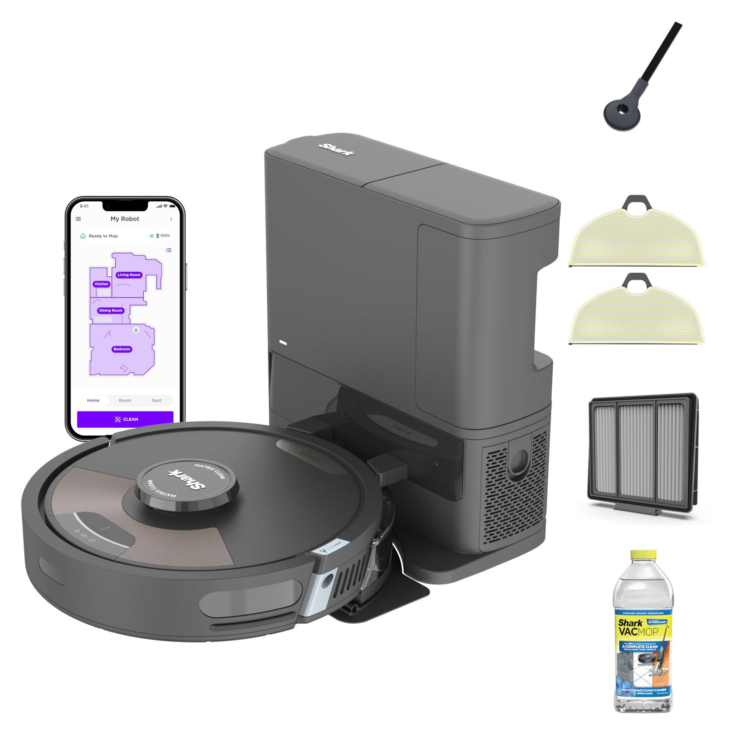 Shark Matrix Plus 2in1 Robot Vacuum & Mop with Sonic Mopping, Matrix Clean, Home Mapping, HEPA Bagless Self Empty Base, CleanEdge, for Pet Hair, WiFi, Black/Mocha, AV2630WA