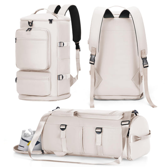 Gym Bag for Women Men - 3 in 1 Duffle Bag and Gym Backpack with Shoes Compartment and Wet Pocket - Sports Bag Carry On Weekender Overnight Backpack for Travel, Beige, MIYCOO