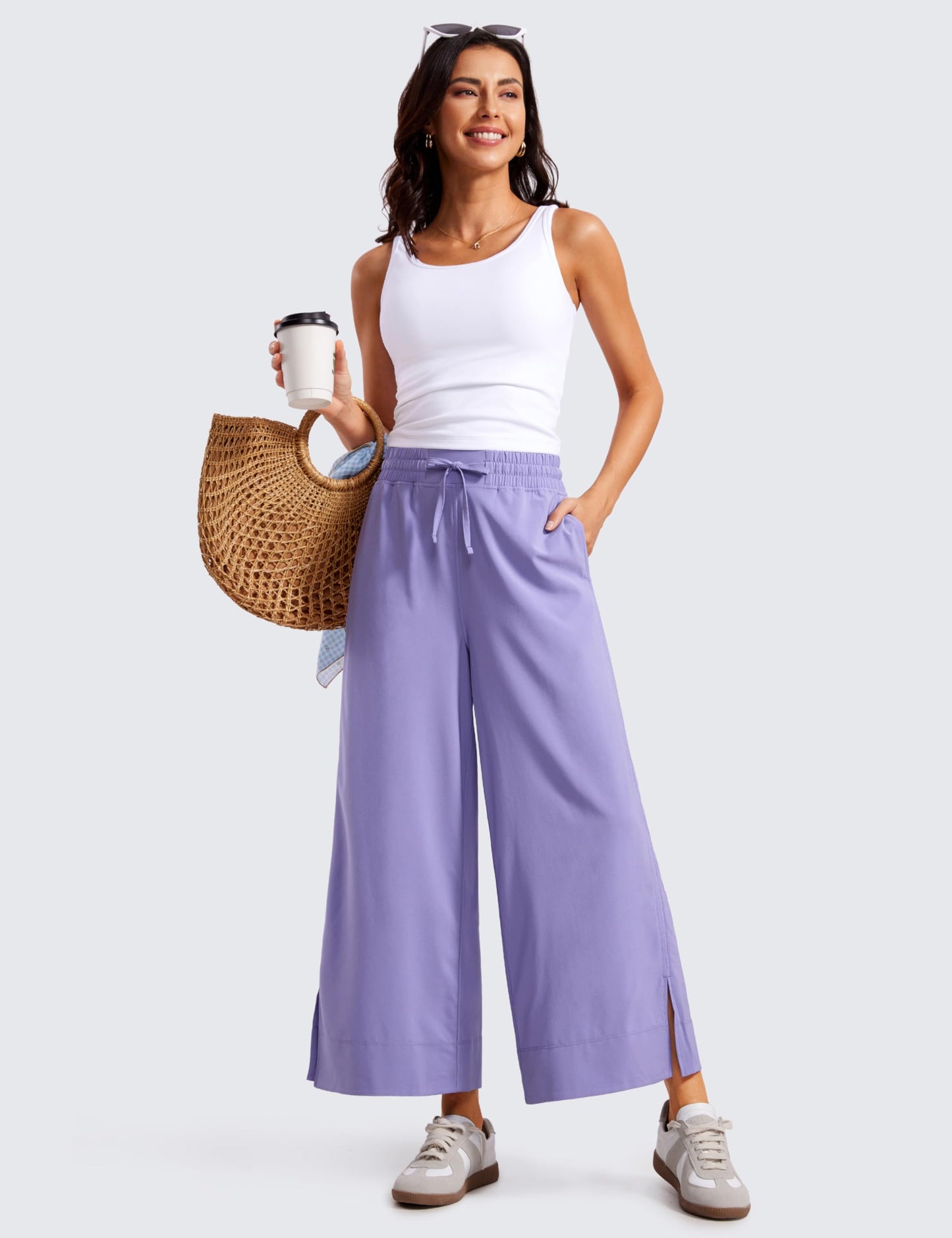 CRZ YOGA Lightweight Wide Leg Cropped Pants for Women High Waisted Loose Casual Lounge Travel Work Pants with Pockets Summer Dark Lavender Purple Small