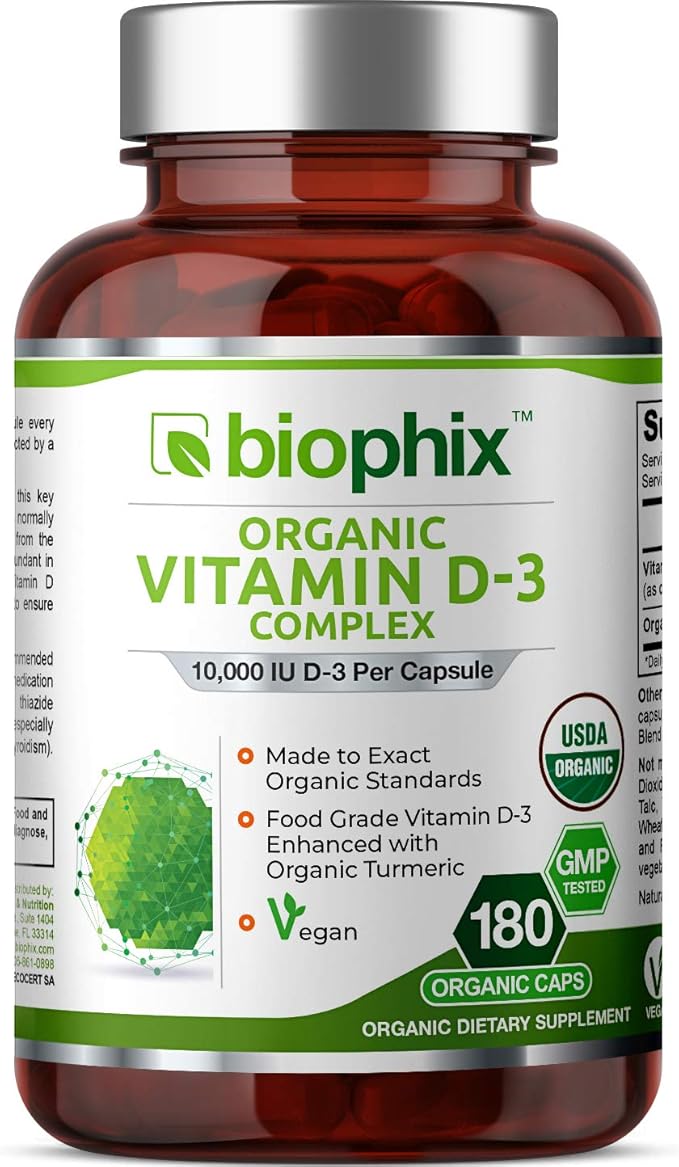 biophix Organic Vitamin D-3 Complex 10000 IU 180 Vcaps with Turmeric - High-Potency Supports Strong Bones Immune Health