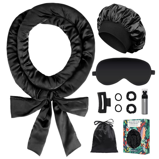 Gwabee Satin Heatless Curls Overnight Hair Curlers to Sleep In Hair Curler Rollers No Heat Hair Wrap for Curls Headband, 70" Satin Heatless Curling Rod Set for Women Long Waves Hair Volume-Black 10PCS