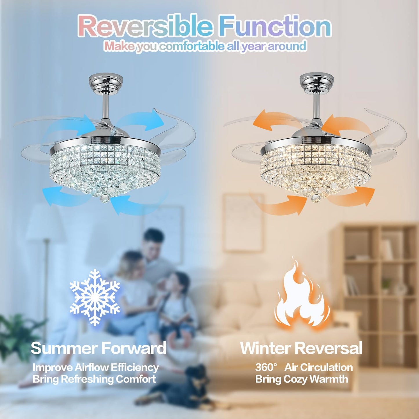 Zynfandor 42” Bluetooth Ceiling Fan with Light and Speaker,RGB Retractable Blades Crystal Fandelier Music Player LED Chandelier 6-Speed APP Control Timer Remote Control for Bedroom Silver