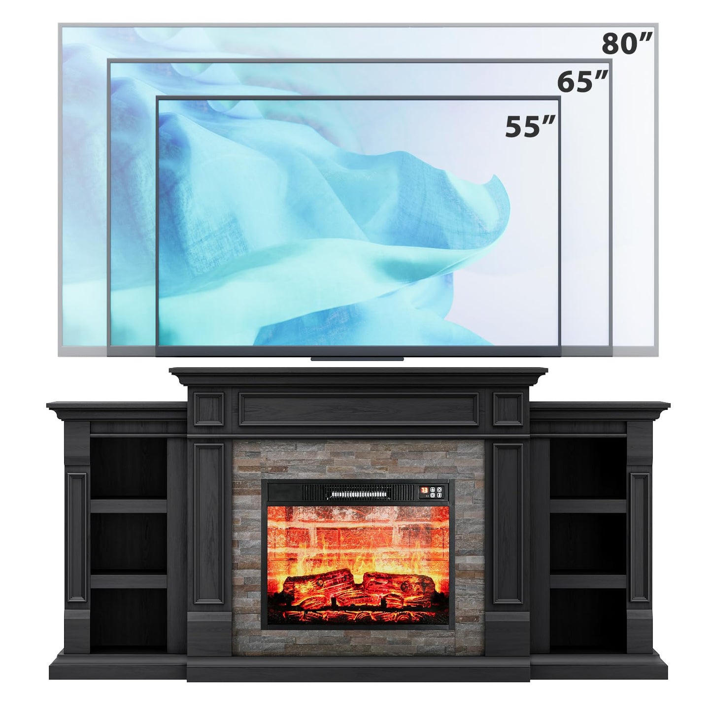 LGHM 72" Fireplace TV Stand for TVs Up to 80 Inch, Electric Fireplace with Mantel, Modern Entertainment Center with Storage, Realistic 3D Flame Effect and Stacked Stone Surround Design for Living Room