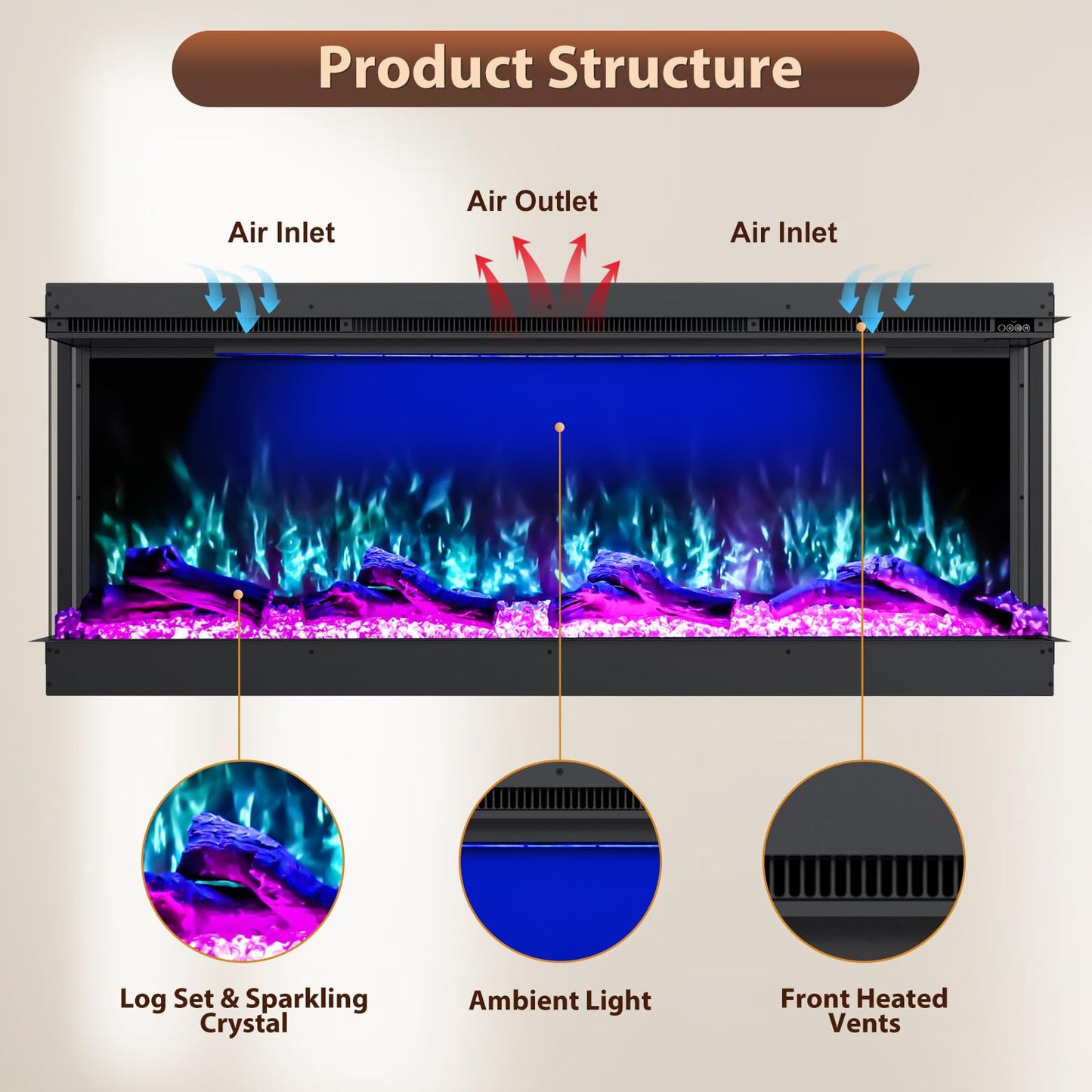 3 Sided Electric Fireplace, 60 inch Smart WiFi Fireplace Inserts, Mounted Eletric Fire Place Heater with 251 RGB LED Flame Colors, Remote Control, Log, Crystals, Black