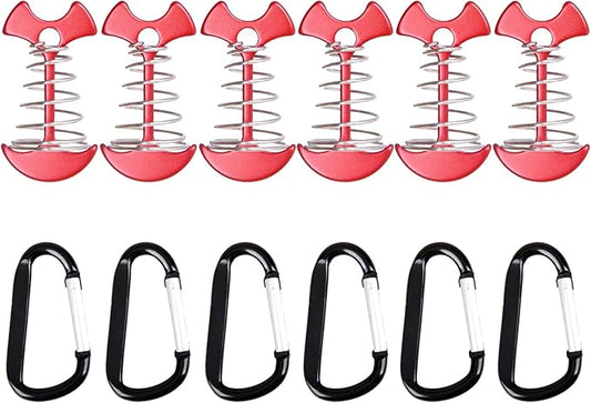 TRIWONDER 6pcs Deck Plank Board Tent Stakes Aluminum Spring Anchor Fishbone Guyline Cord Adjuster Tent Pegs with Carabiners for Outdoor Camping Hiking
