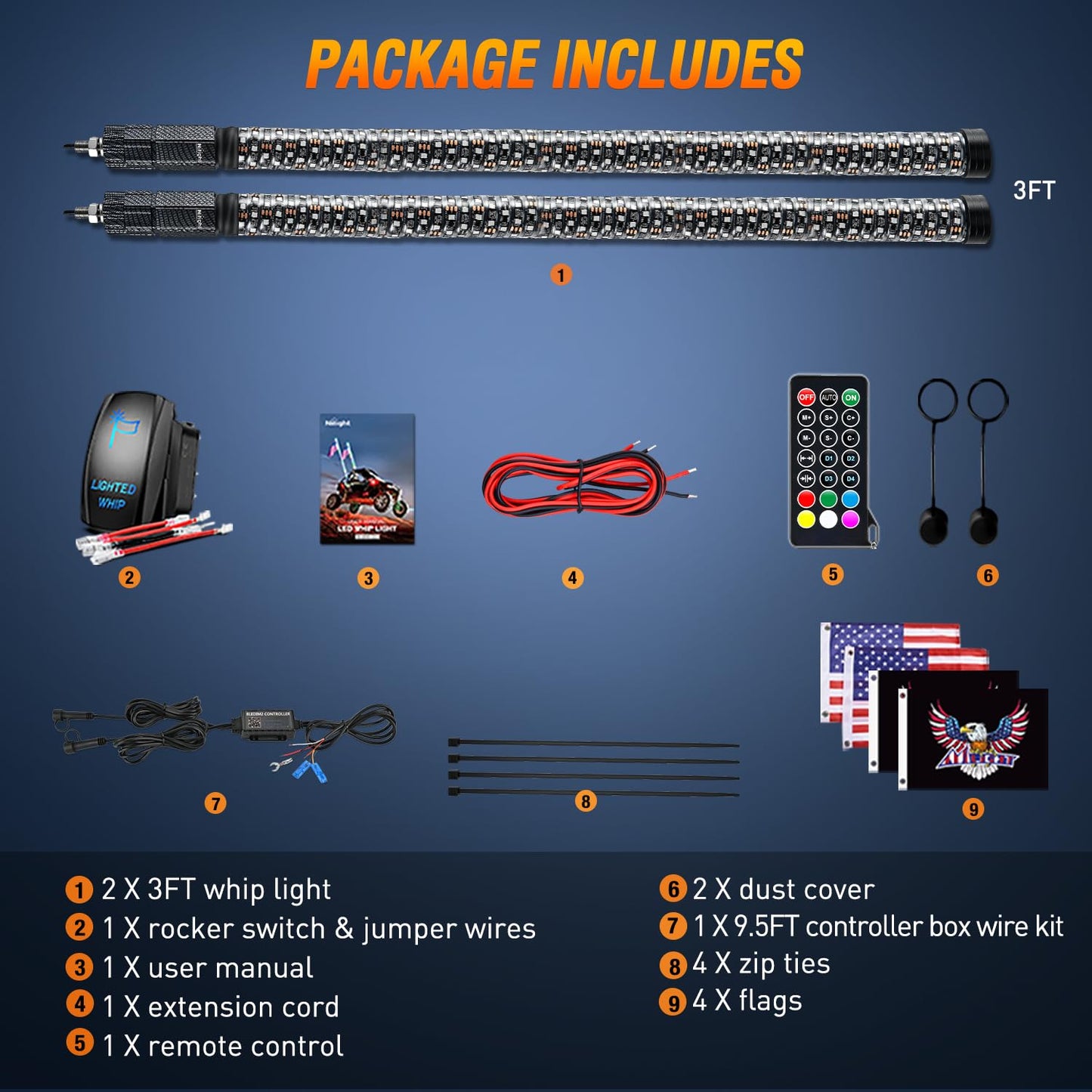 Nilight LED Fat Whip Light 2PCS 3FT RGB Lighted Antenna Whips with Remote & App Control DIY Chasing Patterns Brake Reverse Turn Lights for ATV UTV Polaris RZR Can-am Dune Buggy Pickup Trucks Jeep