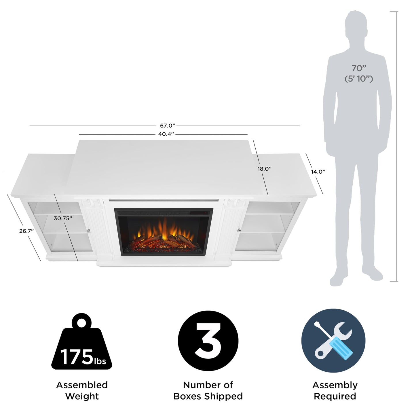 Real Flame Calie 67" TV Stand with Electric Fireplace in White, Entertainment Center with Electric Fireplace, Living Room TV Stand with Fireplace, fits up to 65" TV