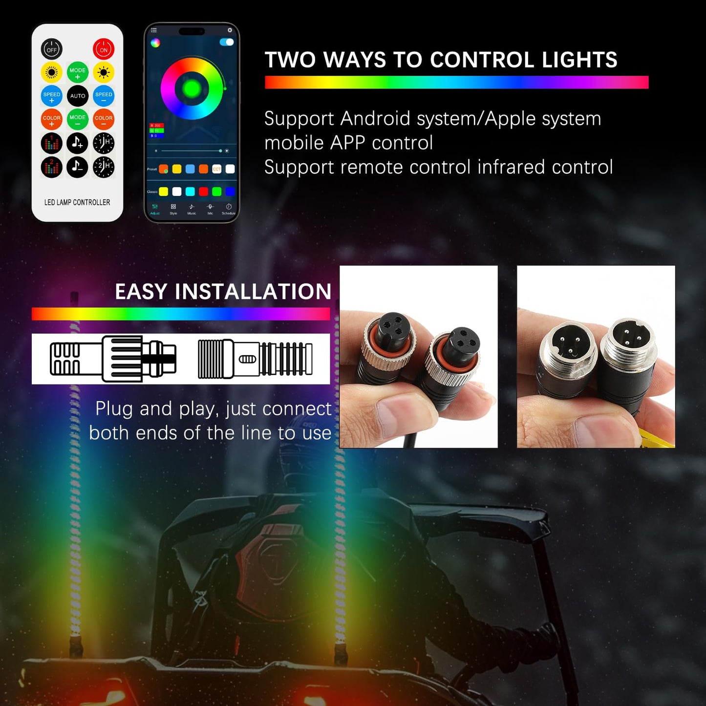 DREAMOTOR Whip Lights, 2Pcs 3FT Spiral RGB LED Whip Lights for Side by Side with Wireless Remote and APP Control, RGB Chasing Lighted Antenna Whips for UTV ATV Truck Polaris Dune Buggy RZR Can-Am