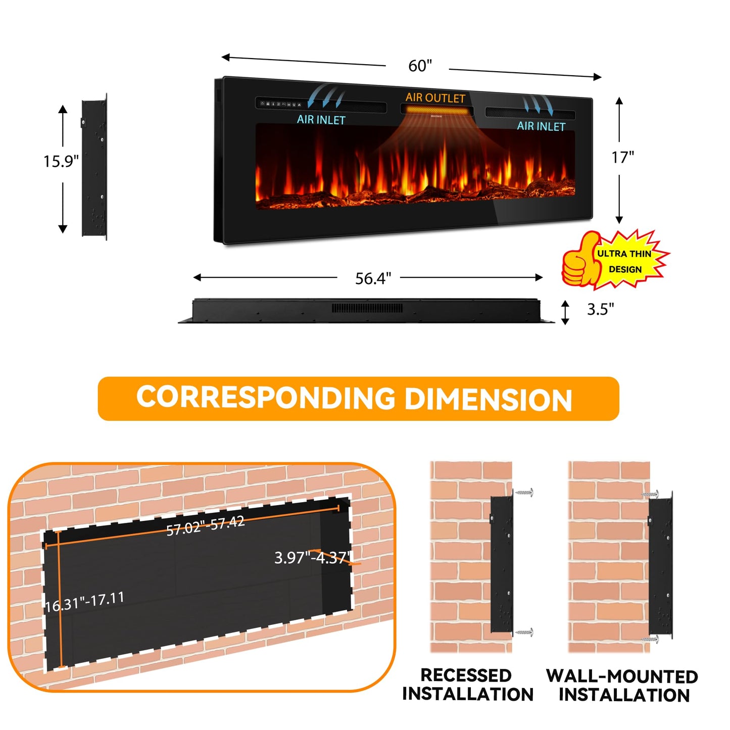 60 Inch Electric Fireplace in-Wall Recessed and Wall Mounted, Ultra-Thin Linear Fireplace Heater 750/1500W with Realistic Flame, Higher Temperatures & Lower Noise, Log Set & Crystal Options