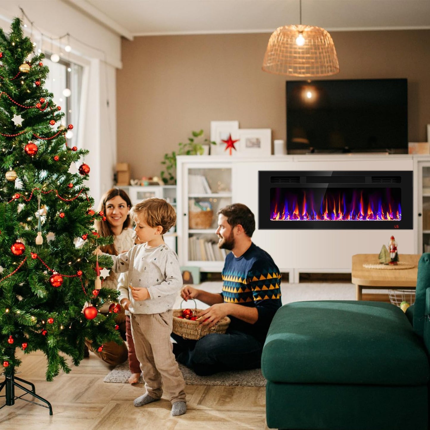 43 Inch Electric Fireplace Recessed and Wall Mounted, Fireplace Heater and Linear Fireplace, Ultra-Thin Electric Fireplace, Low Noise, with Timer, Remote Control, Adjustable 12 Flame Color, 750/1500W