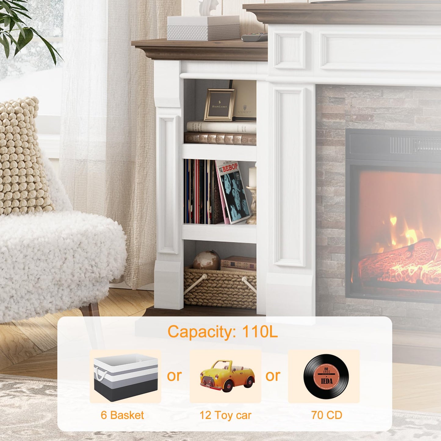 Naice 72" Electric Fireplace with Mantel and Cabinets, Fireplace TV Stand for Living Room Bedroom, Stacked Stone Surround and Remote Control 3D Realistic Flame