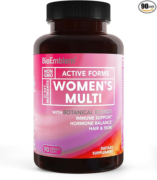 BioEmblem Women's Multivitamin - Complete Daily Multi for Immunity, Energy, Hair, Skin with Vitamin A, B12, B6, D3, Biotin, Iron, Magnesium, Collagen and Veggie Blends - Gluten Free - 90 Capsules