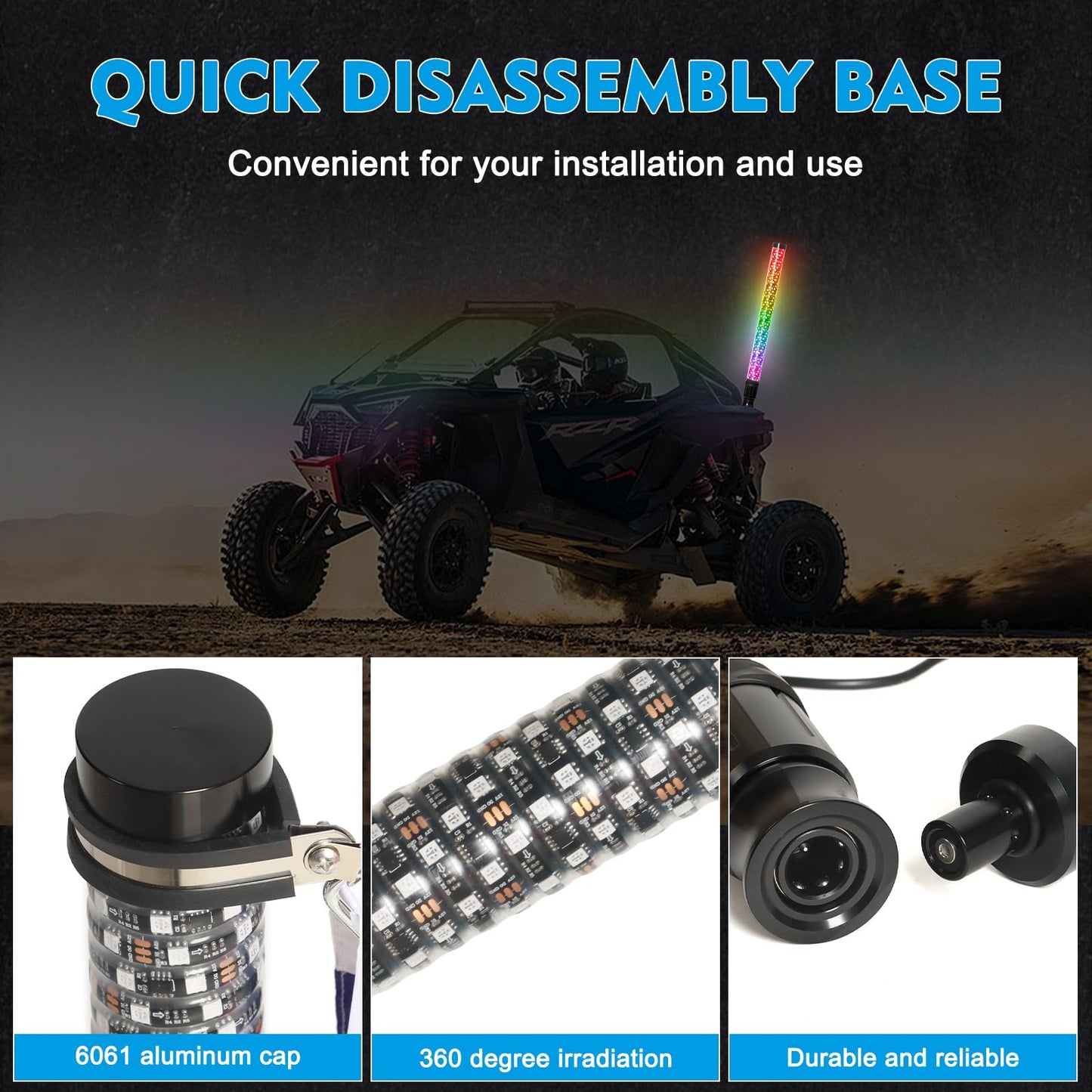 2PCS 2FT Fat LED Whip Lights with Spring Base,ATV Whip Lights with APP & Remote Control RGB Chasing Lighted Antenna Whips for UTV, Truck, Dune Buggy