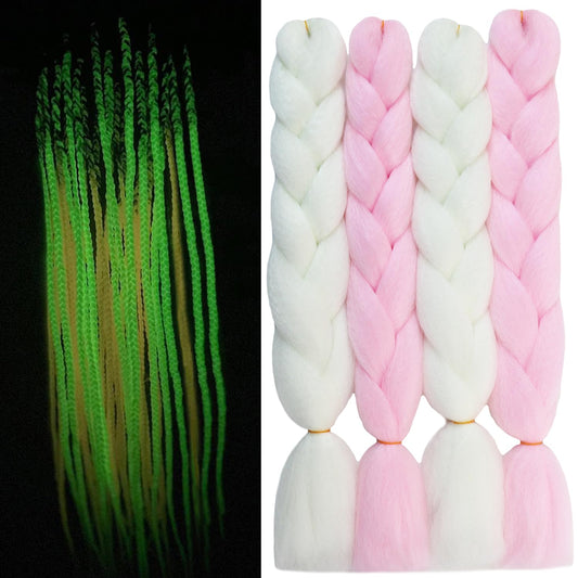 24inch Colored Jumbo Braiding Hair Extensions 4Pack Colorful Synthetic Glow in the Dark(White/Pink)