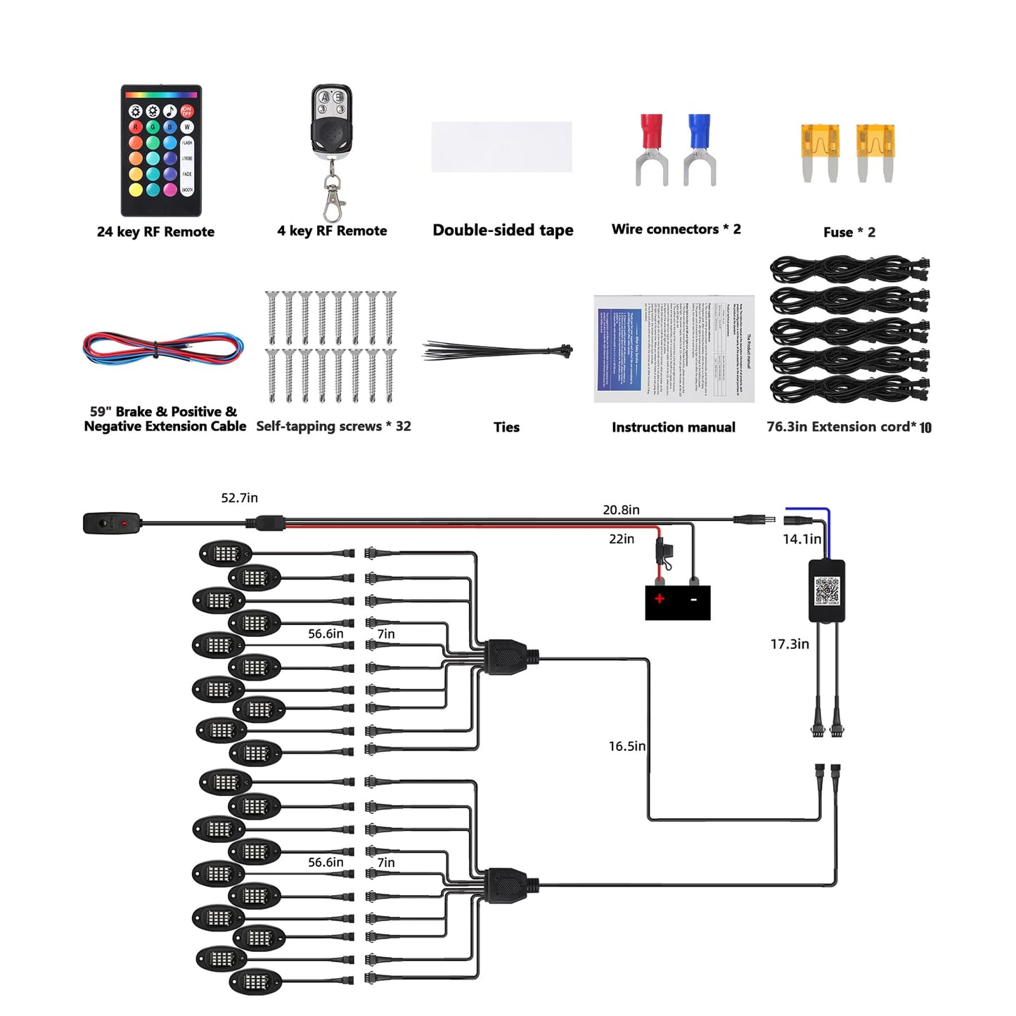 20 Pods RGB LED Rock Lights for Semi Trucks Offroad Pickup Trailer Sedan Boat, 12V Waterproof Dual Zone APP/RF Control Music Mode Brake Light Red Green Blue Underglow Neon Kit with Extension Wires