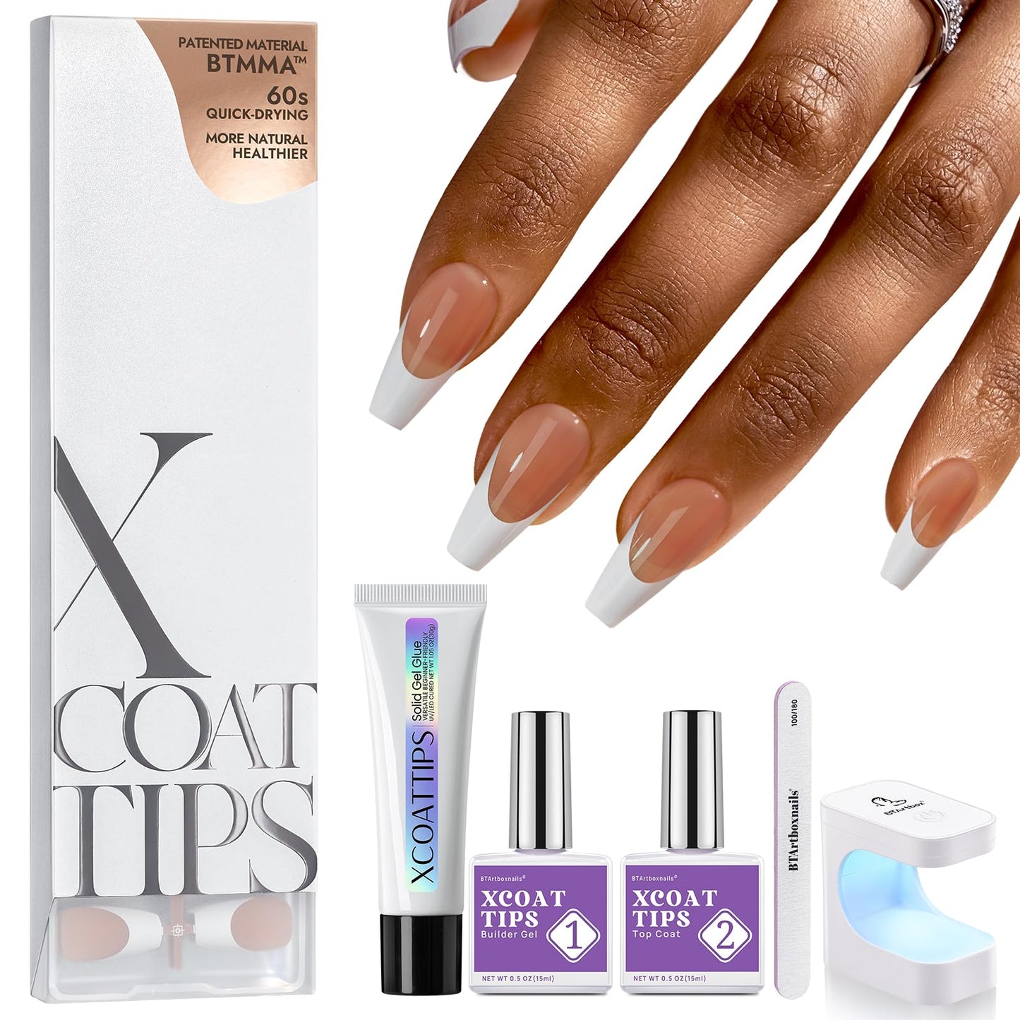 BTArtboxnails French Gel Nail Kit - French Tip Press on Nails Brown Medium Coffin XCOATTIPS Nail Art