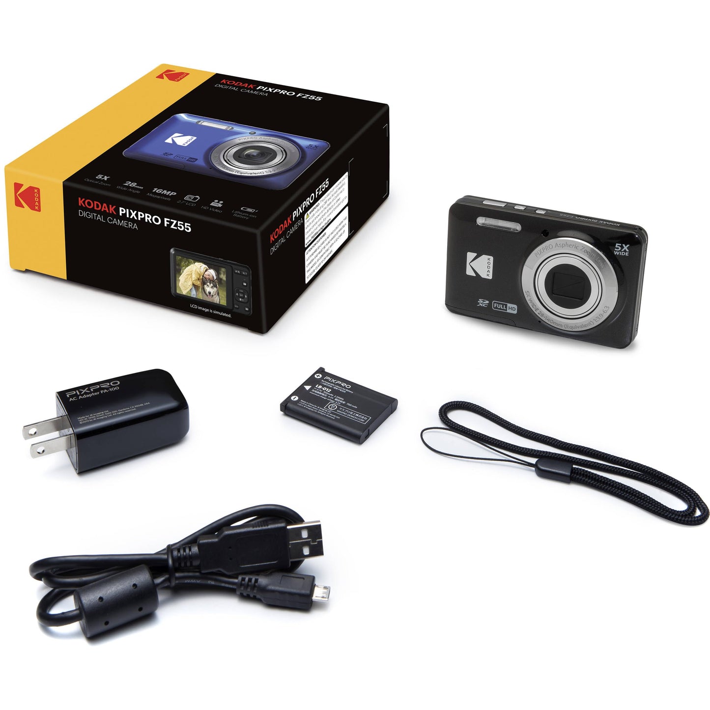 Kodak PIXPRO FZ55 Black 16MP Digital Camera 5X Optical Zoom 28mm Wide Angle 1080P Full HD Video 2.7" LCD Camera + 64GB Card and Reader + Case + Memory Wallet + Tripod + Cleaning Bundle