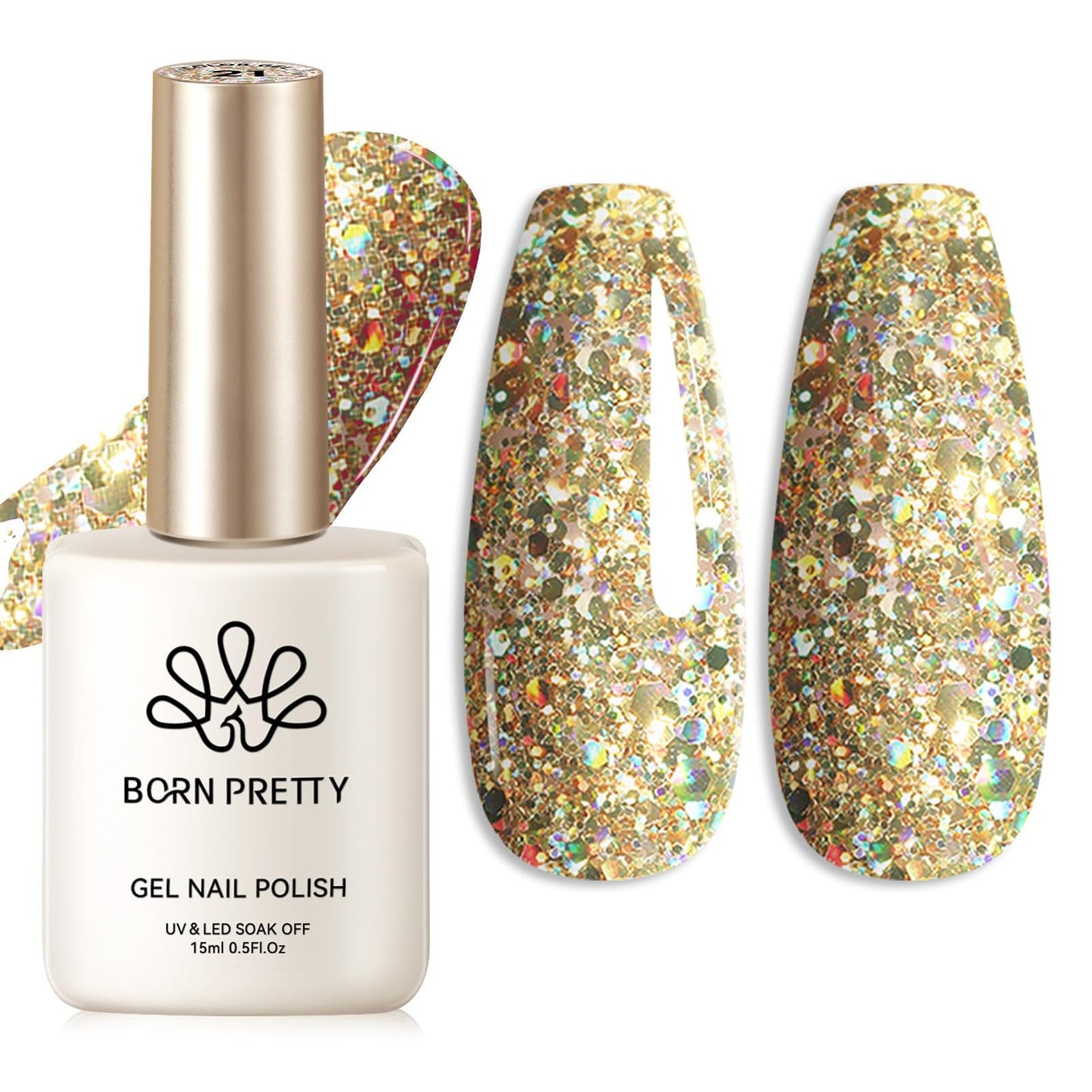 Born Pretty Gold Glitter Gel Nail Polish Shiny Sequins Gold Gel Polish Nail Art Manicure Design DIY at Home 15ml