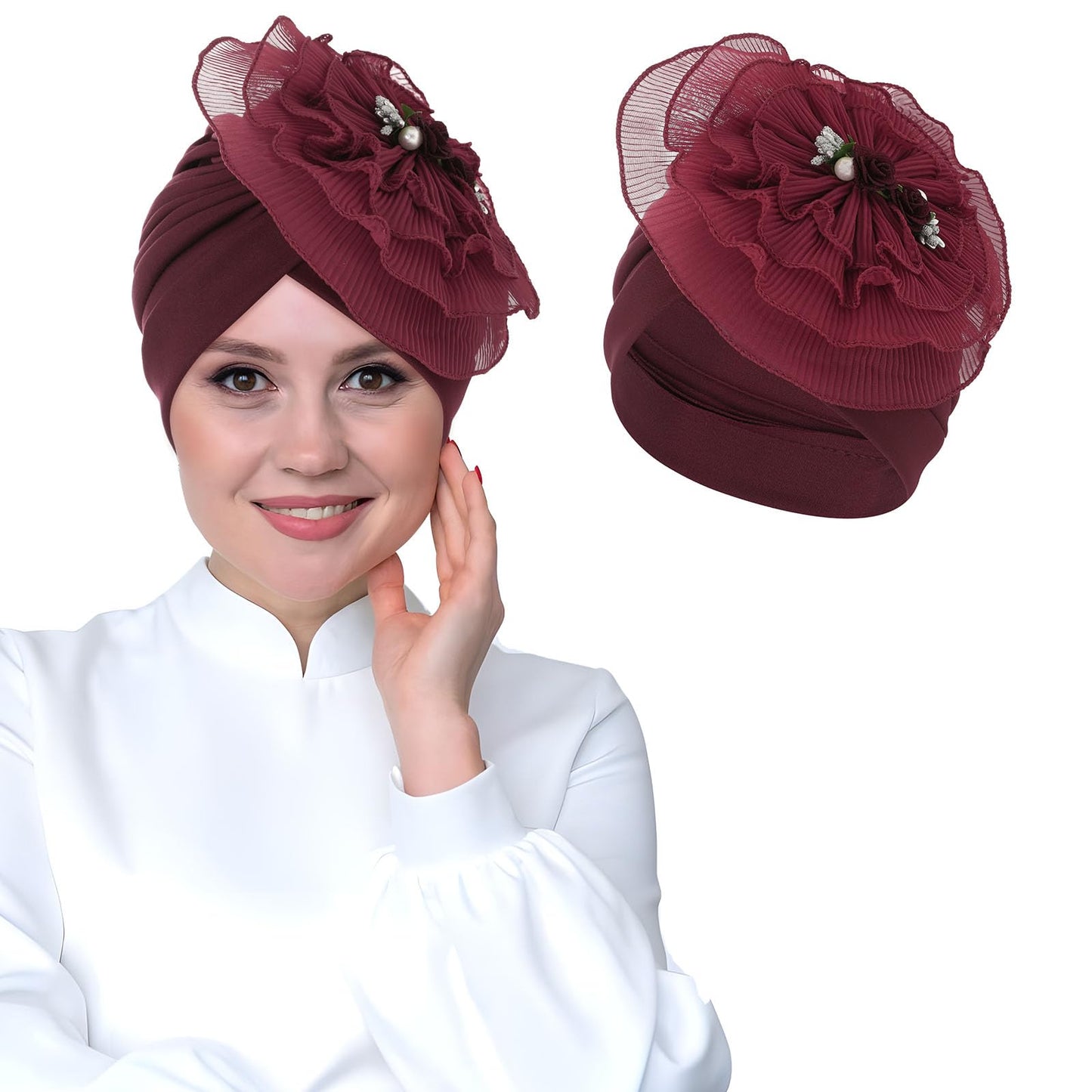 Bohend Flower Turbans Cap Pearl Knot Headwarp Beanie Pre Tied Head Cover Bonnet Women Muslim Stretchy Pleated Headscarf Hat (Polyester, red wine)
