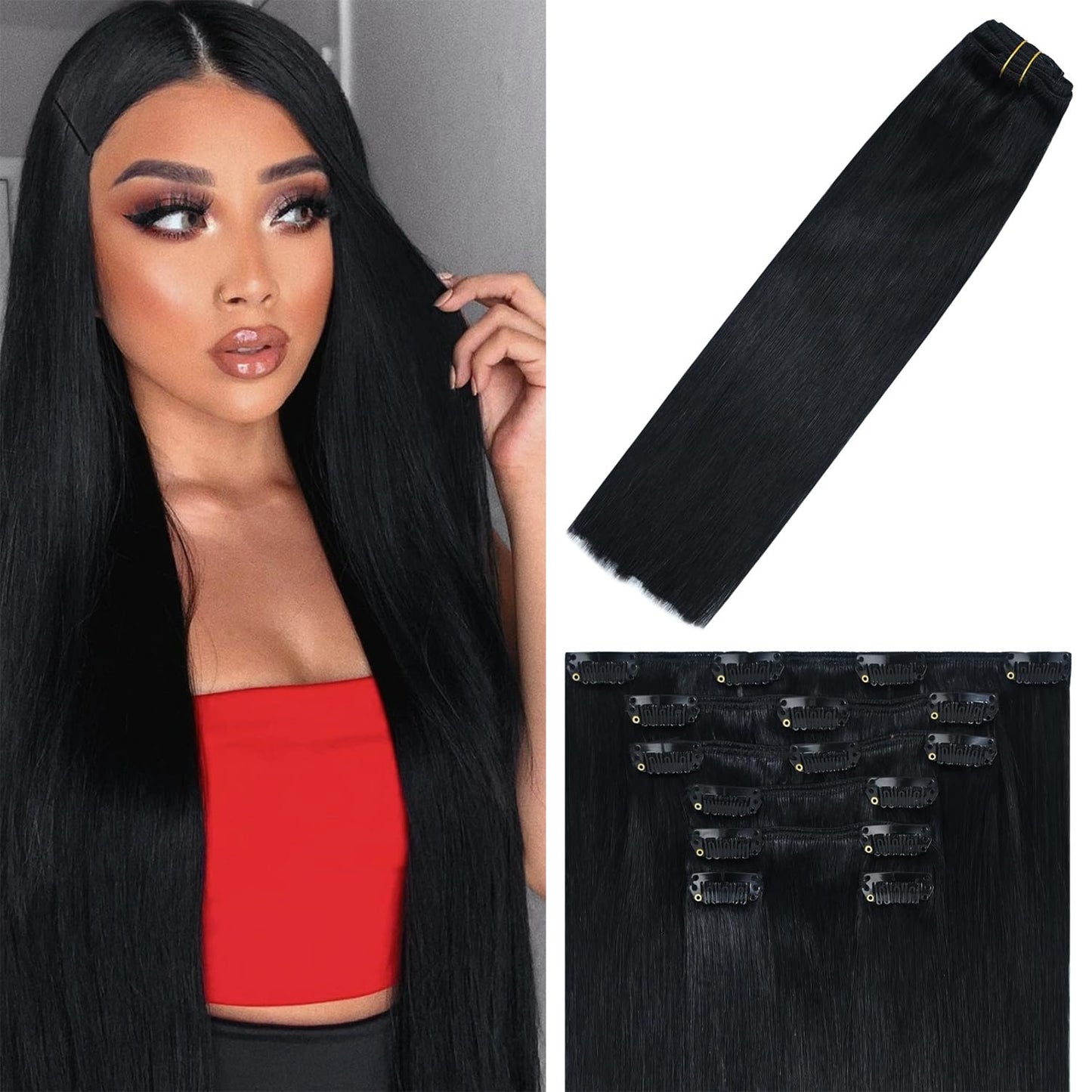 WindTouch Clip in Hair Extensions Real Human Hair 75g 22inch #1 Jet Black Hair Extensions for Women 7PCS