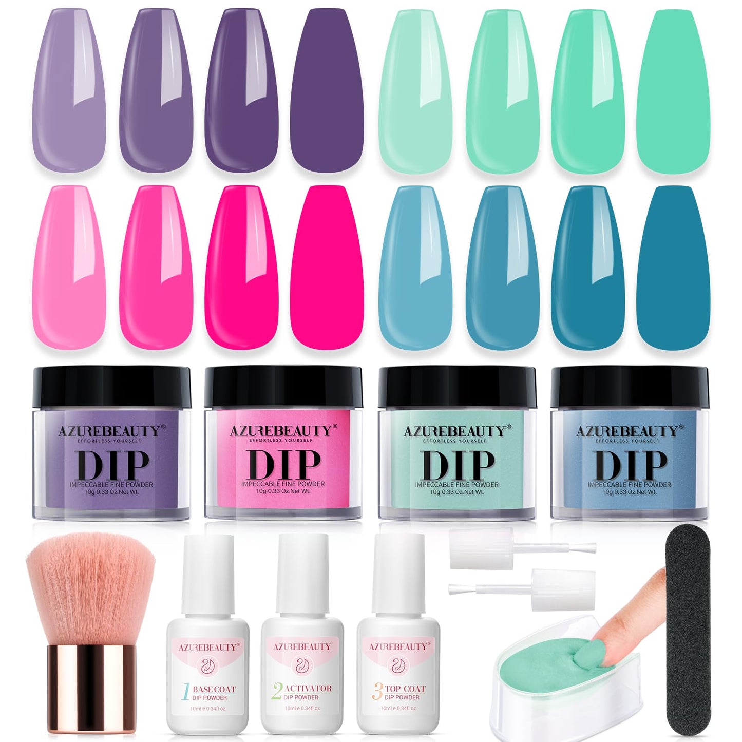 AZUREBEAUTY Dip Powder Nail Kit Starter, Spring Summer Bright Pastel Green Hot Pink Purple 4 Colors Dipping Powder Liquid Set with Base/Top Coat Activator for French Nail Art Manicure DIY Easter Gift