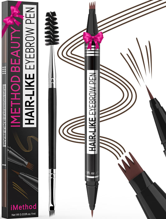 iMethod Eyebrow Pen - Eyebrow Pencil Magical 2-in-1 Eye Brow Pencils for Women with 4-Fork-Tip & Precise Brush-Tip Create Natural Hair-Like Brows, Last All-Day, Microblading Eyebrow Pen, Dark Brown