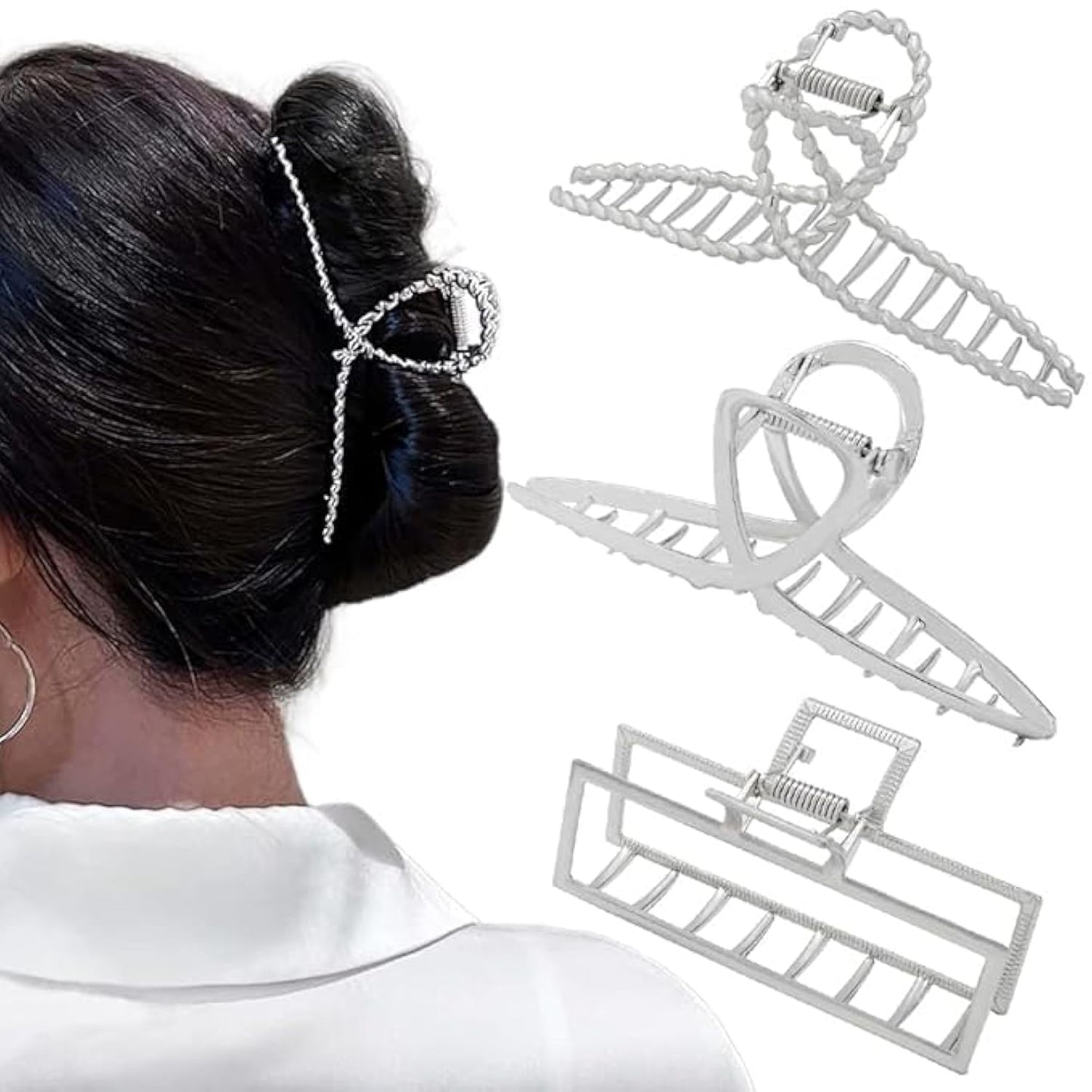 3pcs Hair Claw clips for Women, Metal Silver Large Hair clips for Thick Thin Hair, Geometric Cross Square Jumbo Catch Barrette Clamps, Fashion Hair Accessories Nonslip Hairgrip