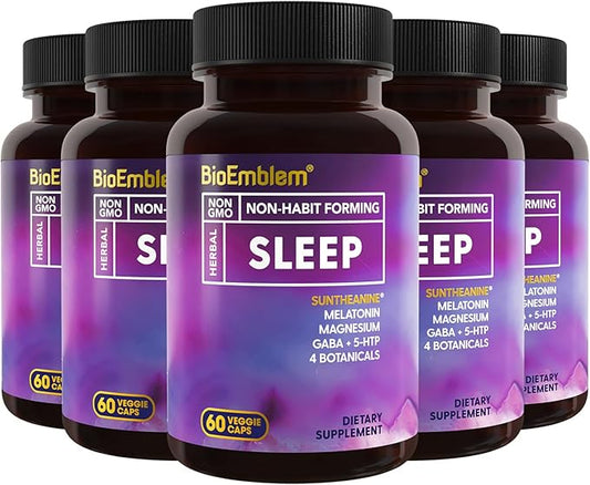 BioEmblem Natural Sleep Aid for Adults with Melatonin, Valerian Root, Suntheanine & More | Healthy Sleep Supplement | Herbal Sleeping Pills | 60 Capsules, 5 Pack