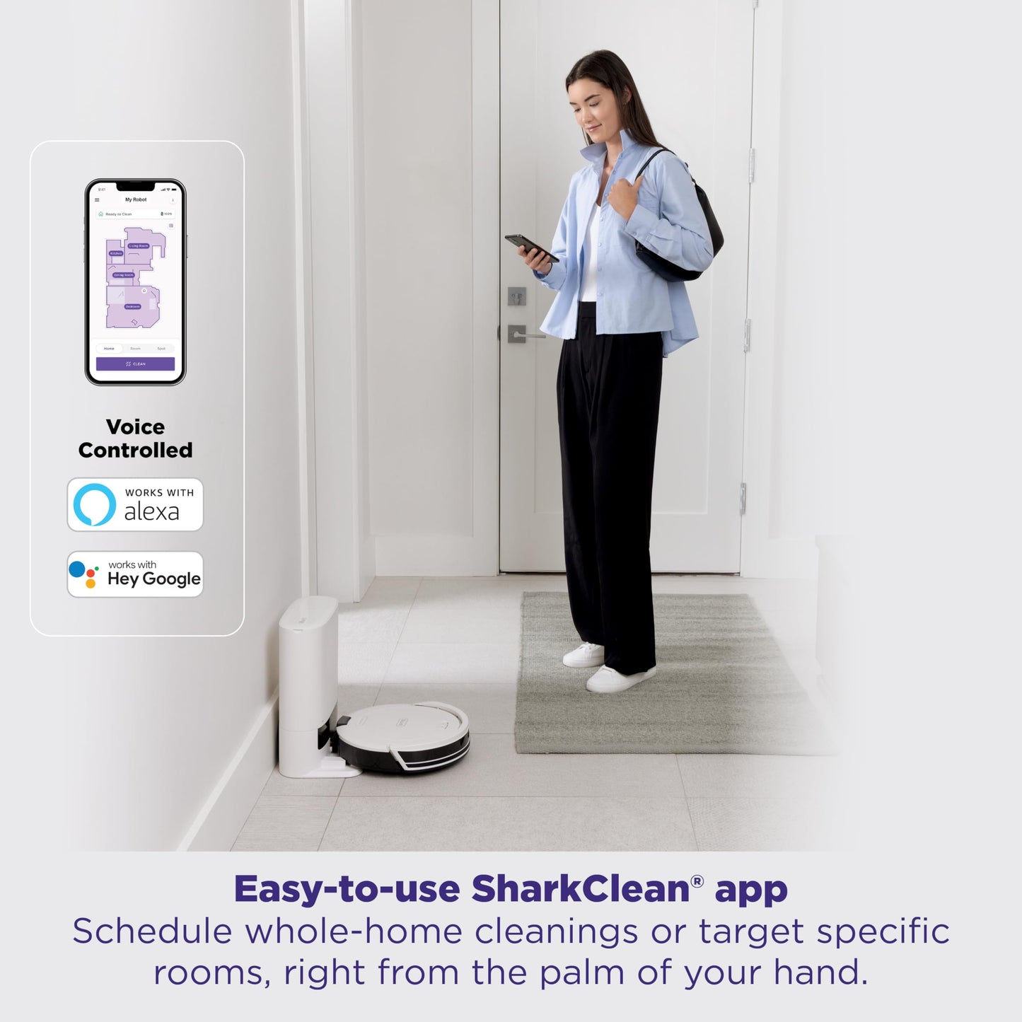 Shark Navigator Robot Vacuum with Bagless 30-Day Capacity Self-Empty Base, Powerful Suction, SmartPath Navigation, Self-Cleaning Brushroll, for Carpets & Hard Floors, White, AV2110S