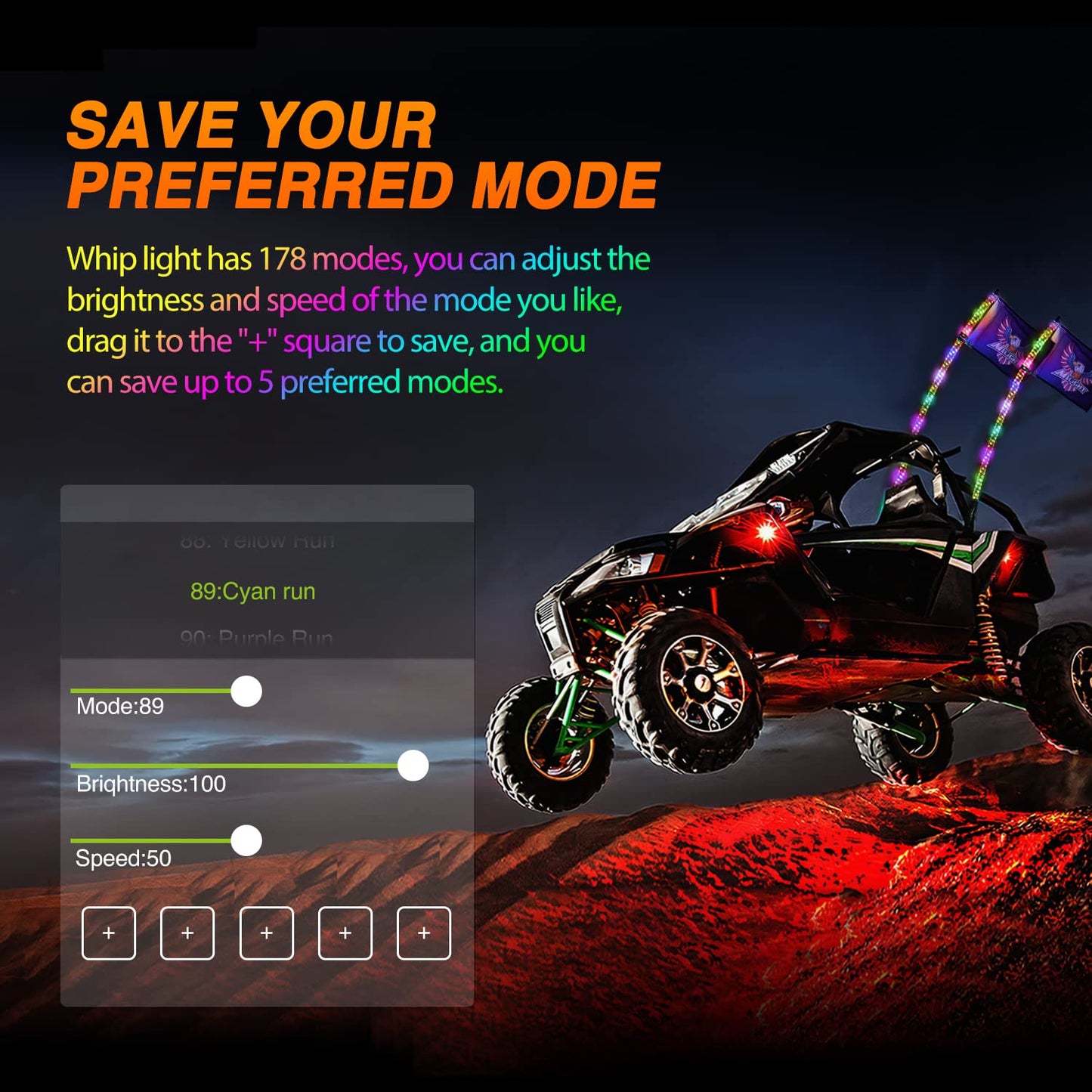 Nilight 2PCS 3FT RGB LED Whip Light with Spring Base Remote App Control w/DIY Chasing Patterns Turn Signal & Brake Lights for ATV UTV Polaris RZR Can-am Dune Buggy Jeep