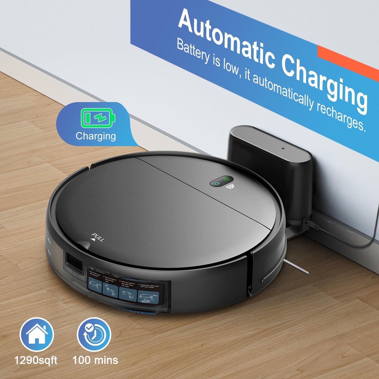 Robot Vacuum and Mop, 2 in 1 Robotic Vacuum Cleaner with Schedule, App/Voice, Slim Mopping Vacuum Robot with Watertank and Dustbin, Self-Charging, Easy of Use, Ideal for Hard Floor, Pet Hair, Carpet
