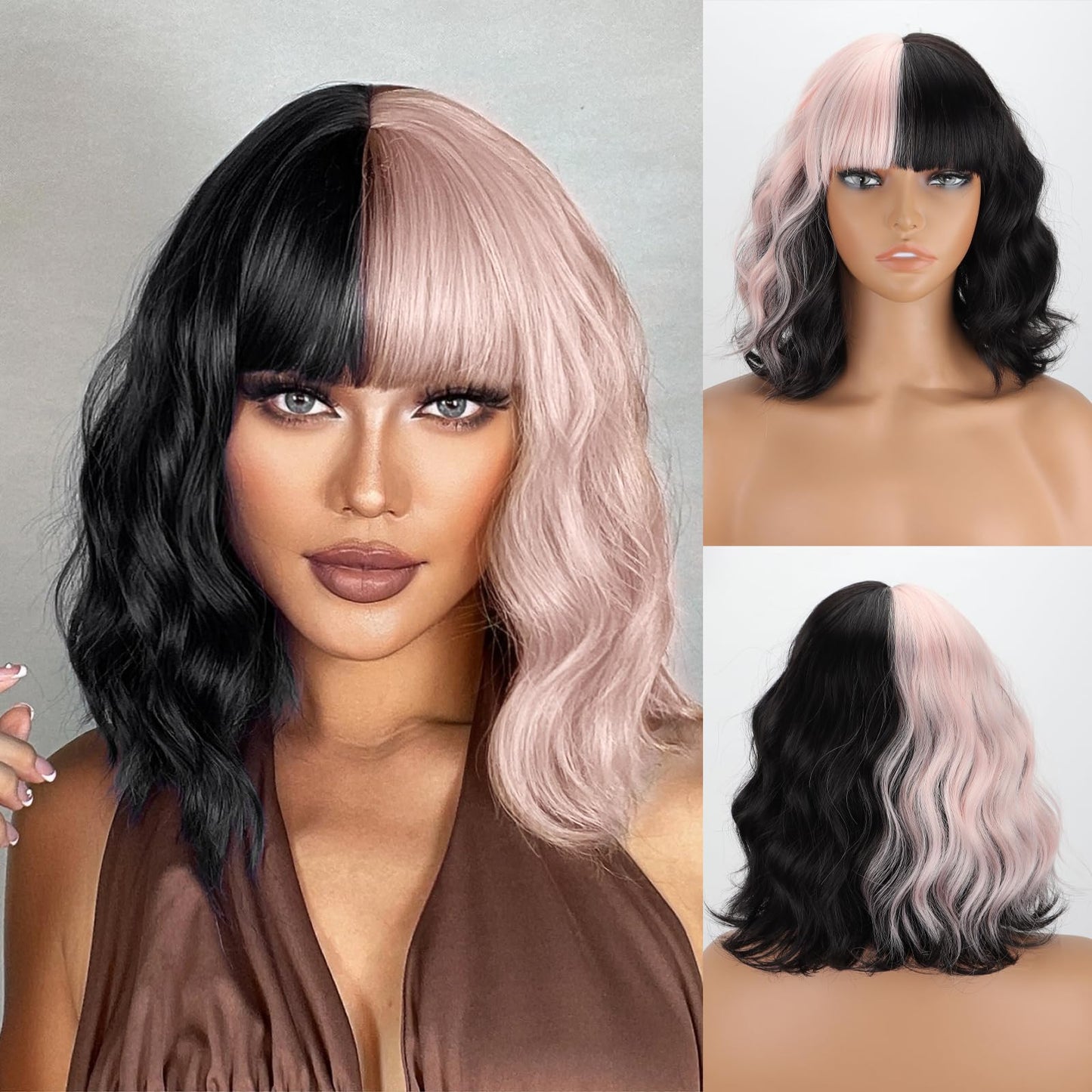 MISSQUEEN Short Black and Light Pink Wavy Wig with Bangs for Women Heat Resistant Synthetic Hair Two Color Cosplay Party Costume Wig Halloween Wig