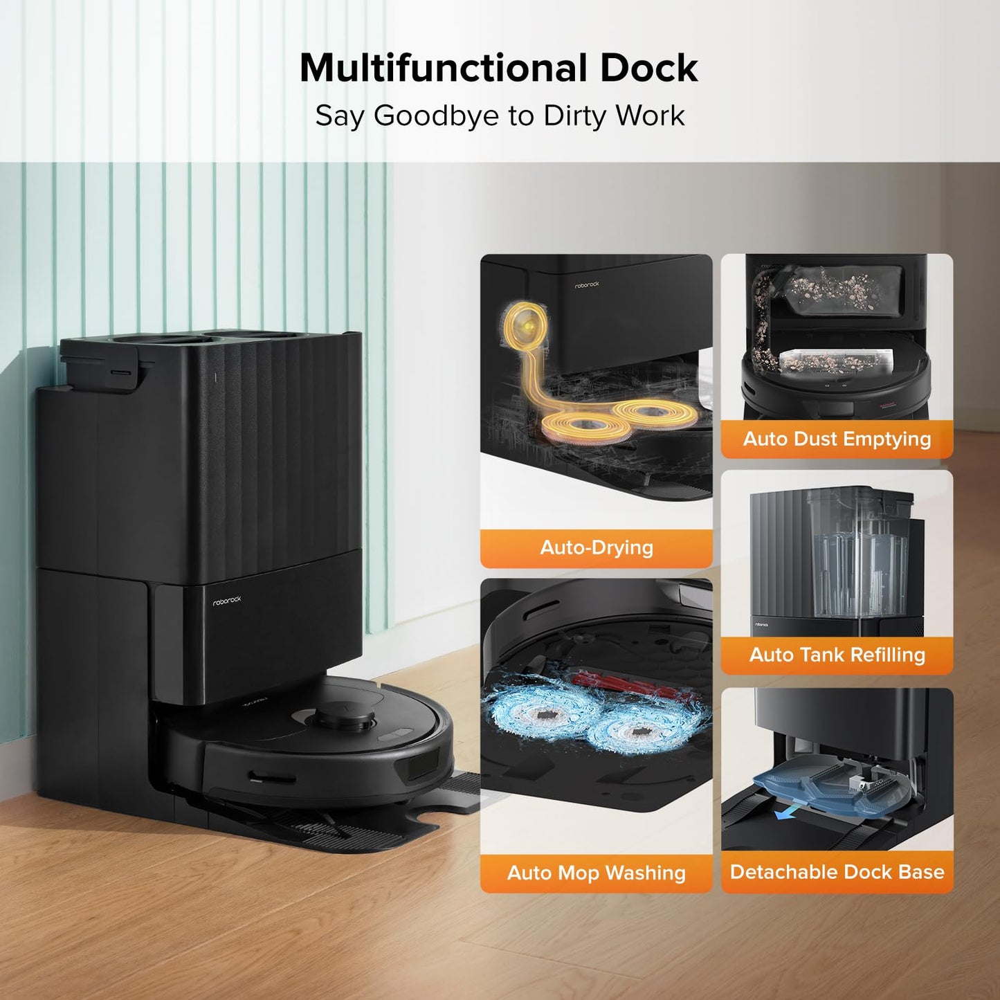 Roborock Qrevo 2R3W Robot Vacuum and Mop, Auto-Drying, Auto Mop Washing, Dual Spinning Mops, Auto Mop Lifting, Self-Refilling, Self-Emptying, Reactive Tech Obstacle Avoidance, 5500Pa Suction, Black