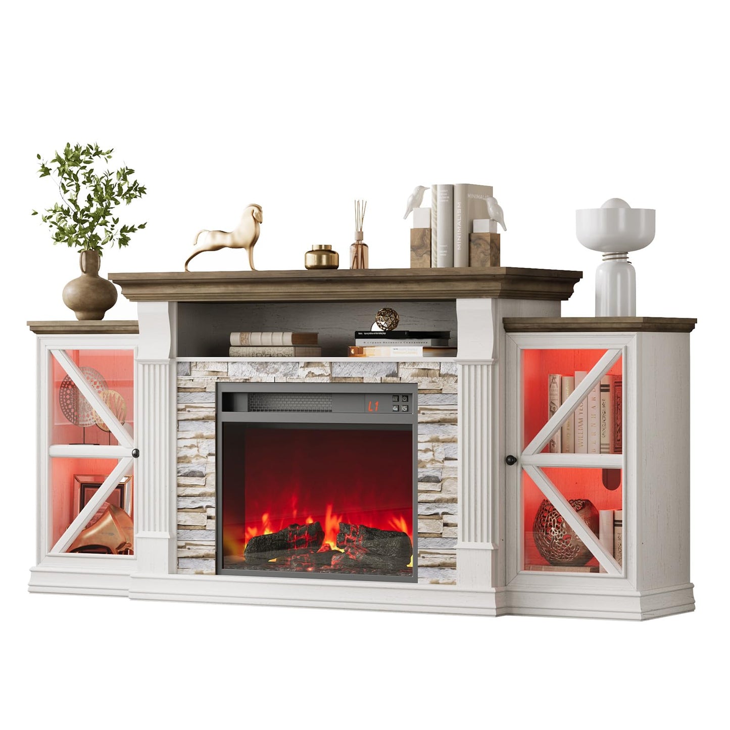 QUW Electric Fireplace TV Stand, 70" Farmhouse Entertainment Center with Open Shelf and Glass Barn Door Cabniet, Modern TV Console Table with 7 Flame Colors for Living Room, Antique White