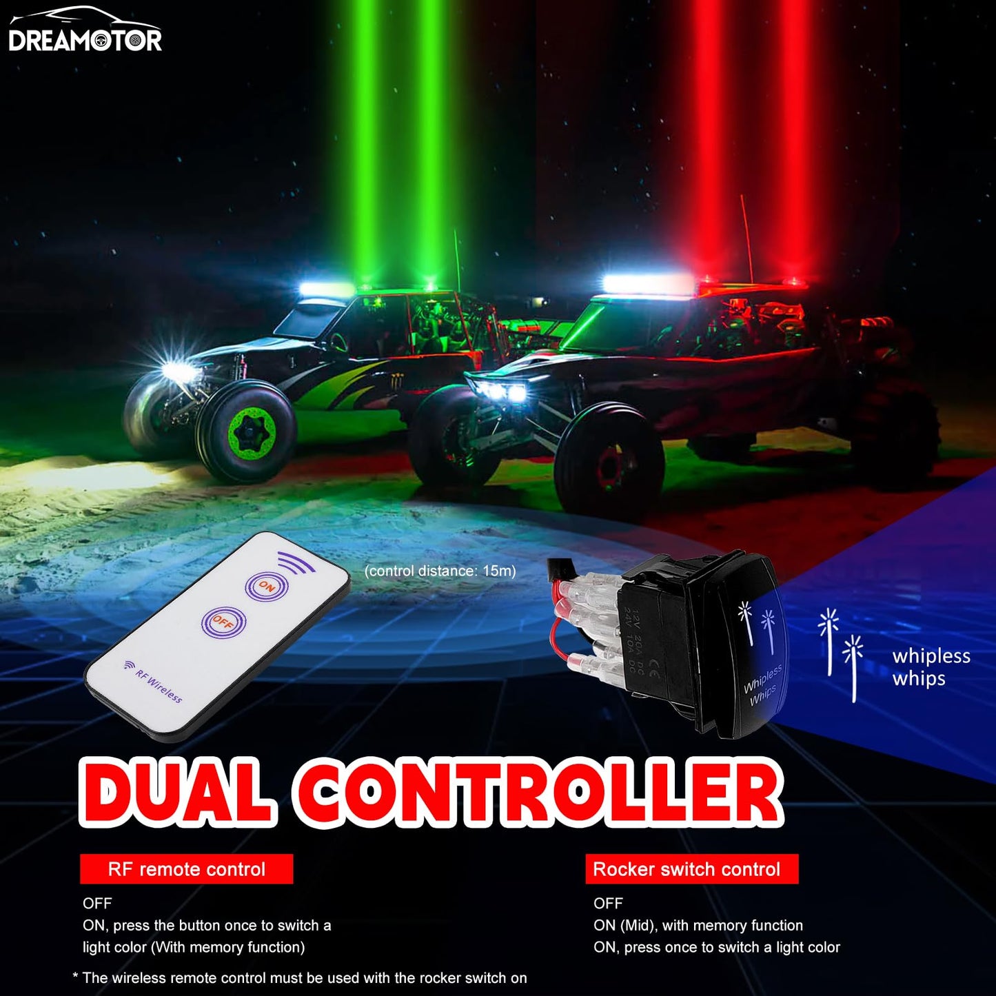 DREAMOTOR Whipless LED Whip Lights, 2PCS RGBW Spot Beam Pod Whip Light Kit with Switch & Remote, 4 Color Alien Lights for SXS for Side by Side Compatible with Polaris RZR Can-Am Maverick X3 UTV ATV