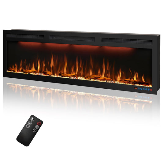60 inches Electric Fireplace, Recessed and Wall Mounted Fireplace Heater and Linear Fireplace Inserts, with Timer, Remote Control, Adjustable Flame & Light Colors, 750W/1500W, Black