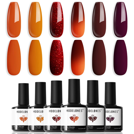 modelones Gel Nail Polish Set 6 Colors, Glitter Red Orange Burgundy Turkey Pumpkin Color Changing Gel Polish Kit Soak Off Nail Art Manicure Home Gift for Women Girl