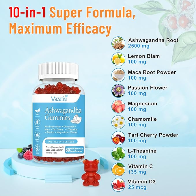 2 Pack Ashwagandha Gummies for Women Men, Sugar Free Organic Ashwagandha Gummies Supplement for Relax Restore Balance, Vegan Gluten Free, 120 Count