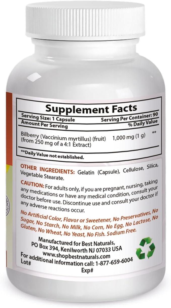 Best Naturals Bilberry Extract 1000mg Capsule (Non-GMO) Supports Healthy Vision, 90 Count
