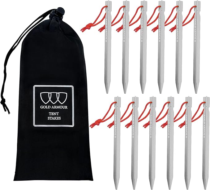 Gold Armour Tent Stakes - 12 Pack Heavy Duty, Lightweight, Camping Stakes Pegs for Outdoor Tent and Tarp, Essential Camping Gear Equipment Accessories (Silver)