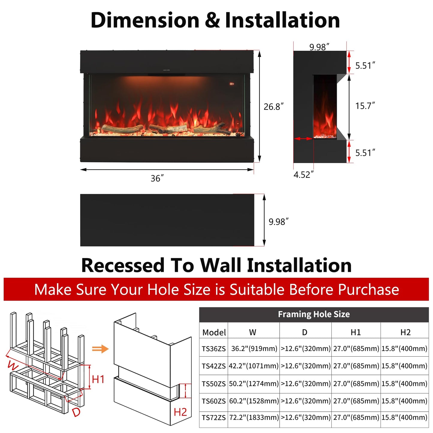 Masarflame 36" WiFi Electric Fireplace, 3-Sided Glass Fireplace Heater with Timer & Thermostat, 13×13 Flame & Fuel Bed Colors with Top Light, Adjustable Sound Volume, Log & Crystals, Work with Alex