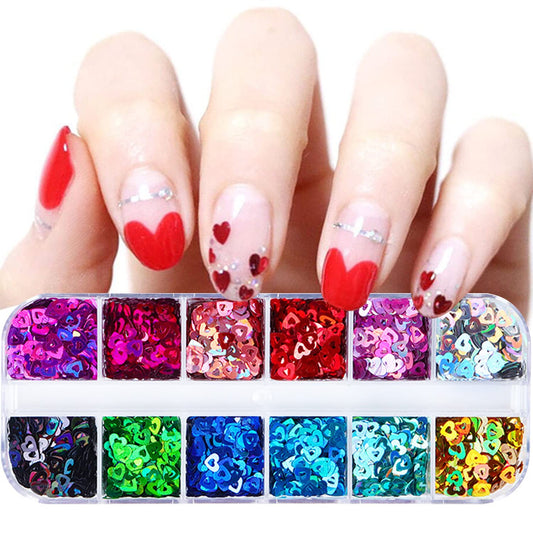 12 Colors Heart Nail Art Glitter Sequins, 3D Love Heart Nail Flakes Designs, Holographic Laser Big Small Hearts Nail Art Supplies for Women Girls Manicure Sparkle Decorations, DIY Body Makeup Crafts